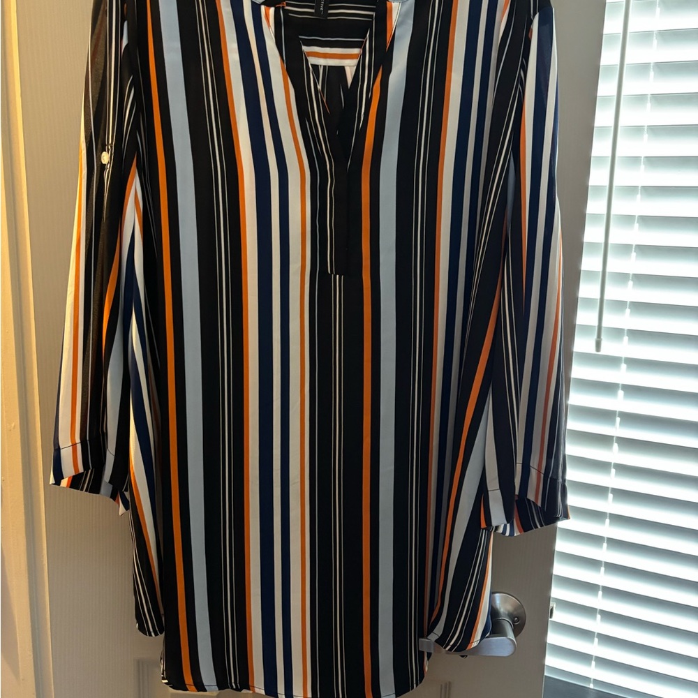 Elegant Striped Blouse - Black, White, Orange, Blue